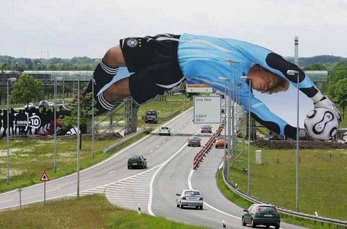 MUNICH, GERMANY - MAY 28:  A giant poster of German National Goalkeeper Oliver Kahn is unveiled at the Munich Airport on May 27, 2006 in Munich, Germany. The 65 meter long poster is part of an adidas campagne and will be installed for the duration of the Worls Cup 2006.  (Photo by Sandra Behne/Bongarts/Getty Images)